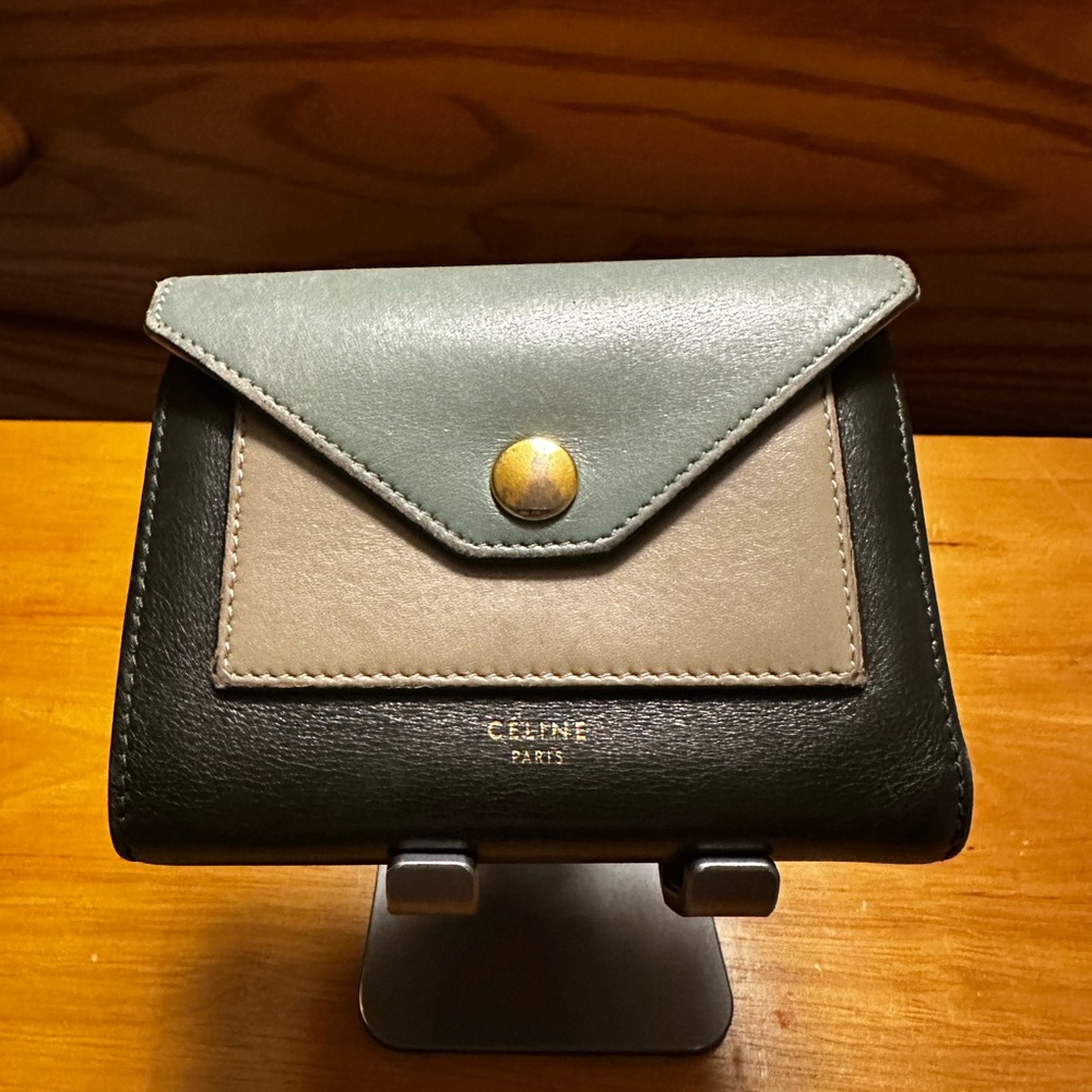 Celine Green & Gray Leather Colorblock Envelope Style Compact Wallet with Box - Picture 2 of 8